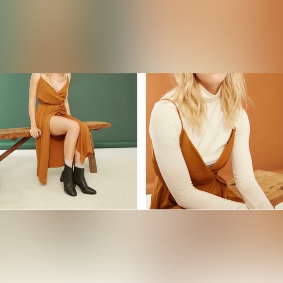 FRANK & OAK-crossover wrapped-tie velvet satin dress in Rich Chestnut-Size S NWT - Picture 2 of 11